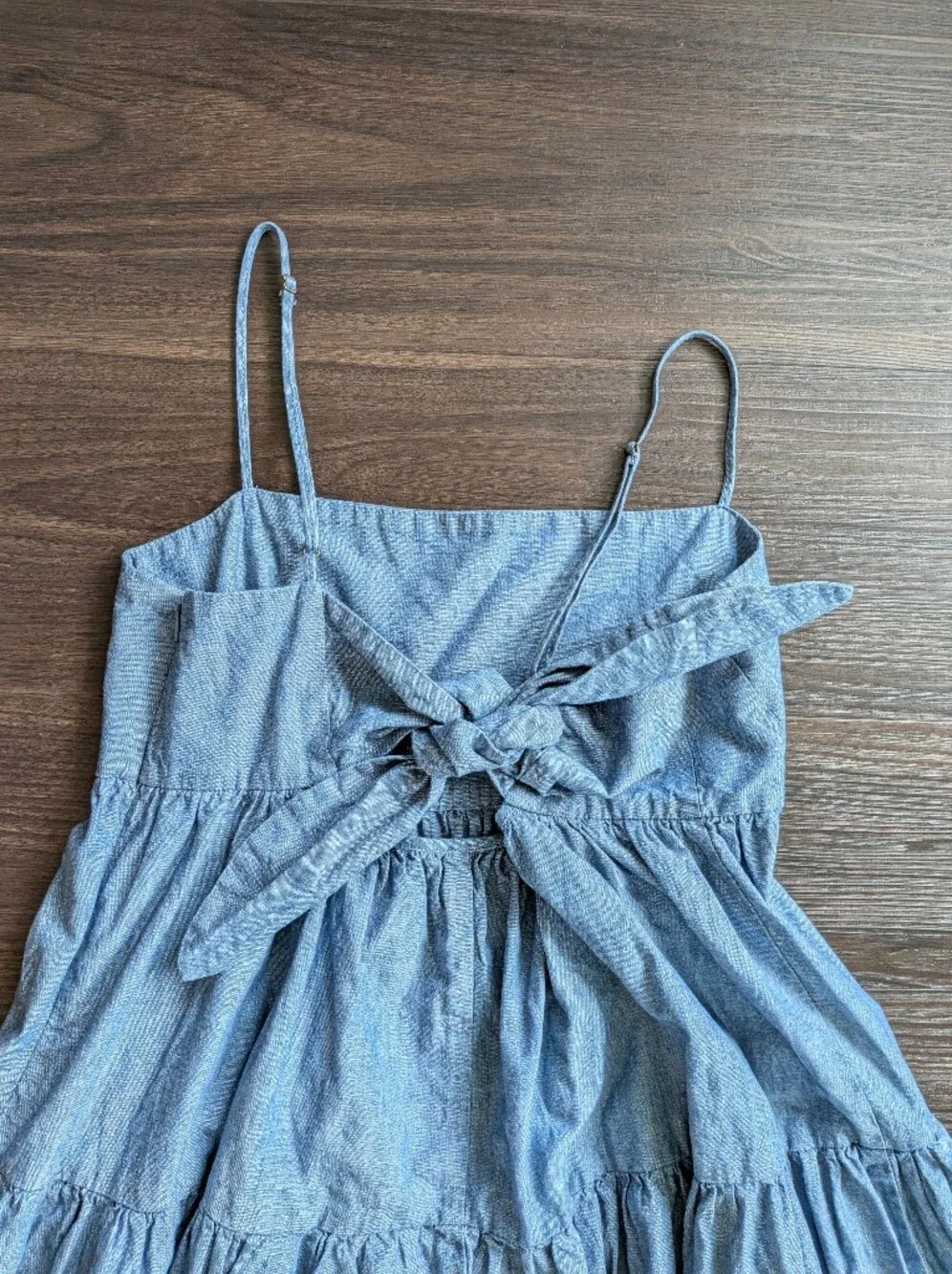 J. Crew Tie Back Tiered Chambray Blue Cotton Midi Dress 4 Boho Beach Cottagecore